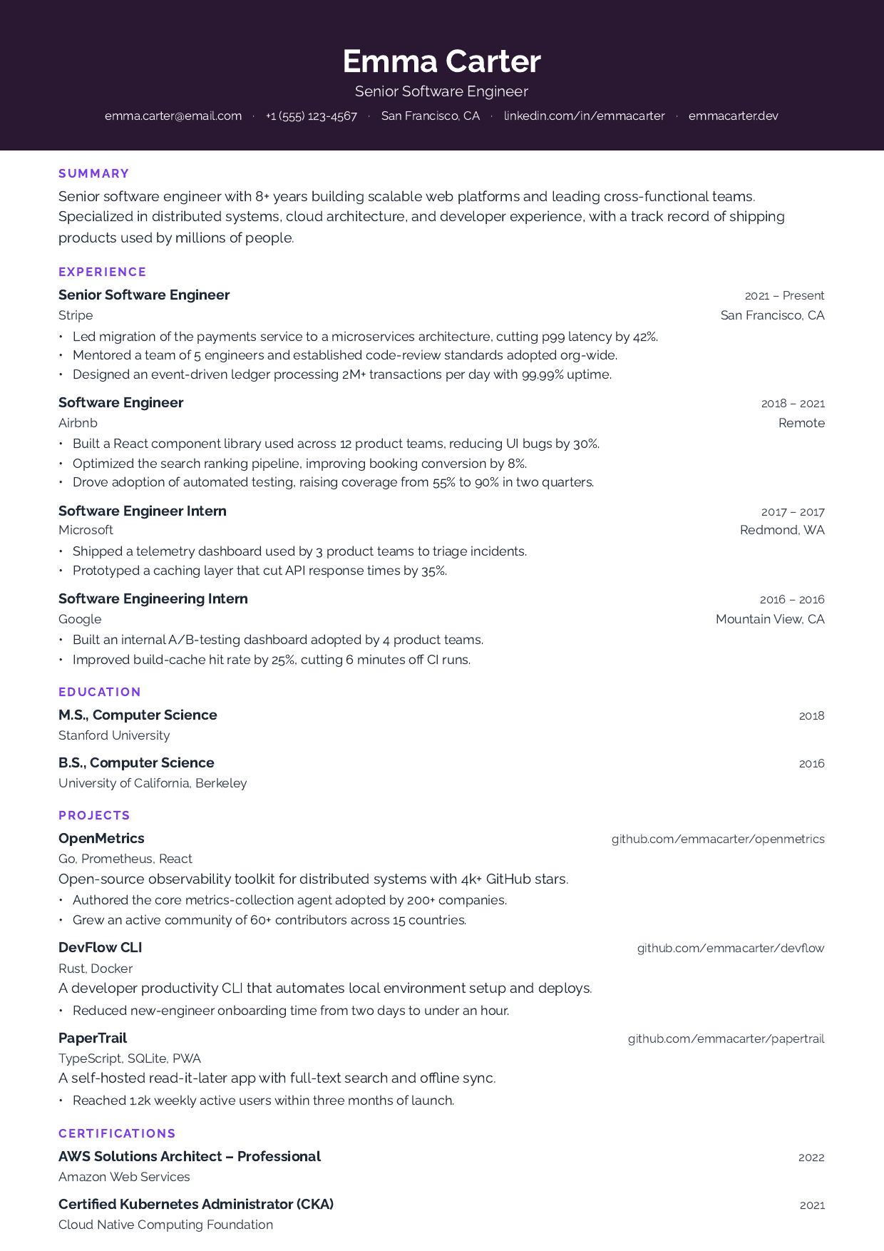 A sample résumé with an 86 out of 100 ATS score